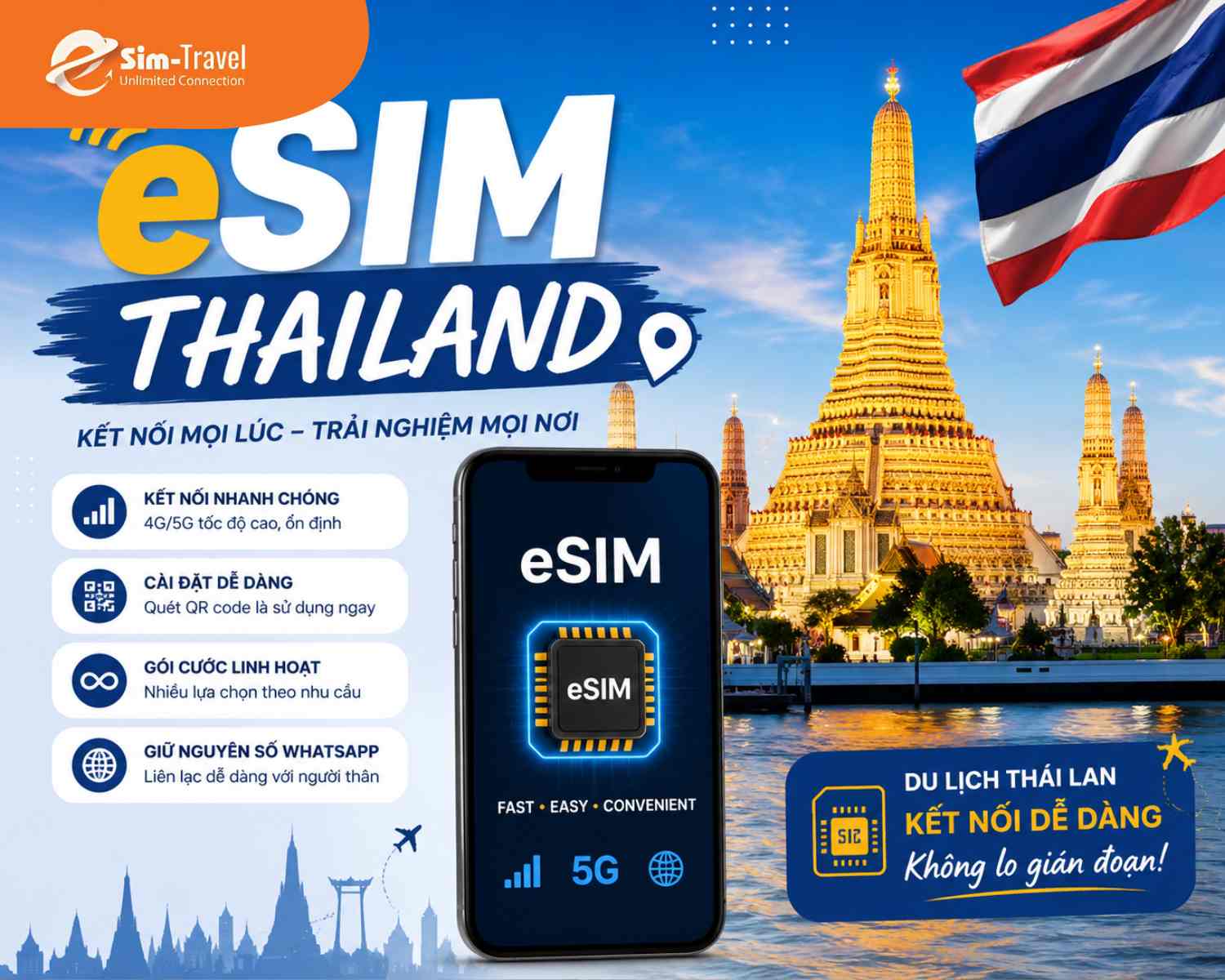ESIM TRAVELS đồng h&agrave;nh c&ugrave;ng du kh&aacute;ch trong suốt chuyến đi Bangkok Pattaya.