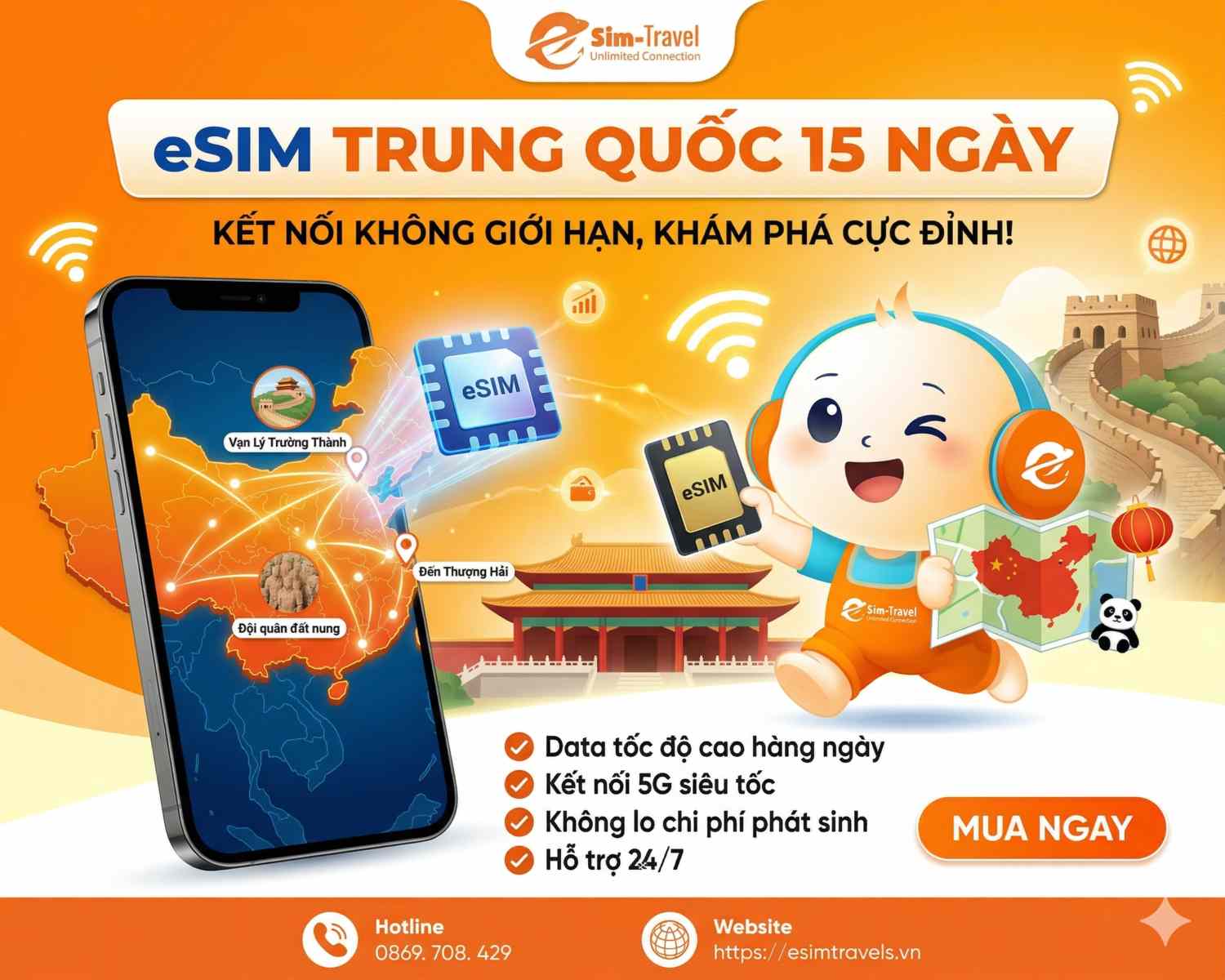 eSIM du lịch China 15 ngày, truy cập thả ga các mạng xã hội không lo bị chặn
