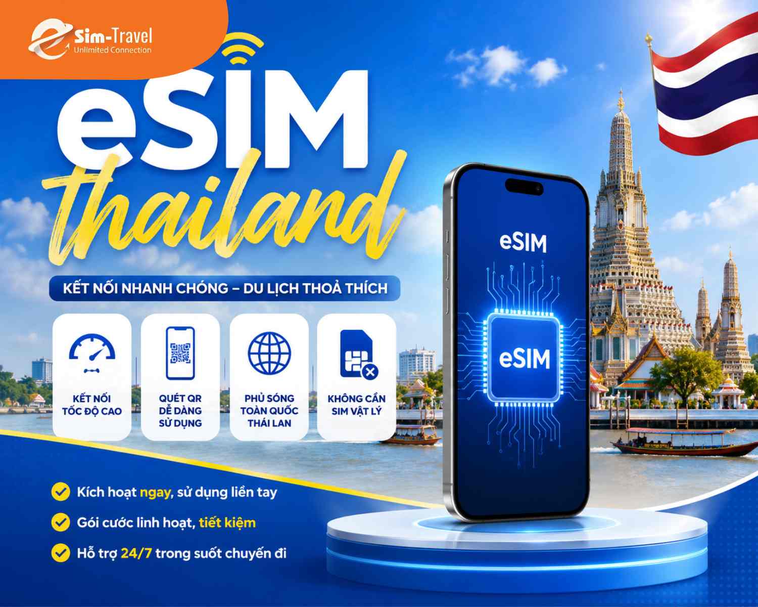 eSIM Thái Lan giúp kết nối dữ liệu ngay khi hạ cánh tại điểm đến.