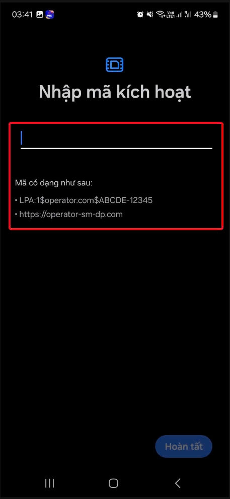 Nhập thông tin kích hoạt