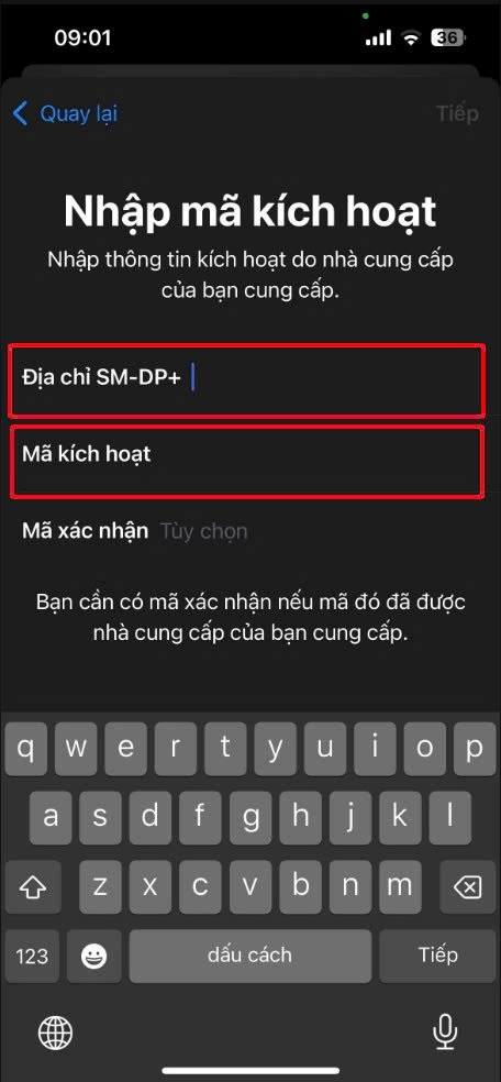 Nhập thông tin kích hoạt