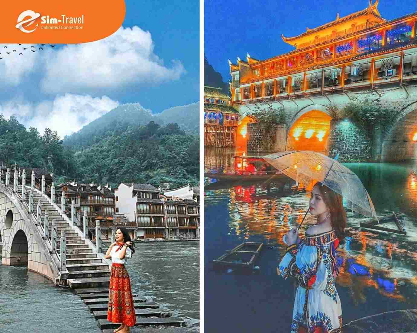Phượng Ho&agrave;ng Cổ Trấn th&aacute;ng 4 với đ&egrave;n lồng đỏ v&agrave; sương mờ ven s&ocirc;ng
