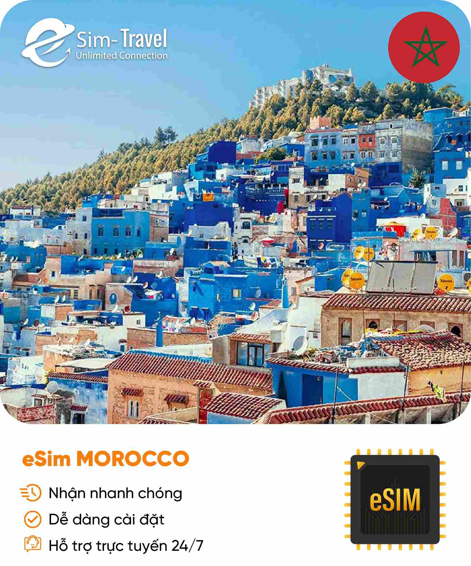 Esim du lịch eSIM Morocco - Mua eSIM online giá rẻ, kích hoạt dễ dàng, kết nối internet nhanh chóng