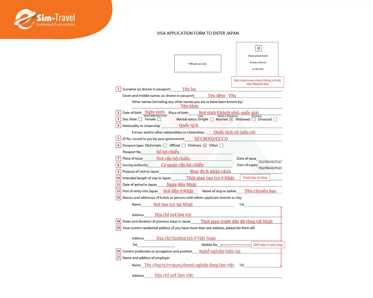 Điền đầy đủ thông tin trong tờ khai xin visa