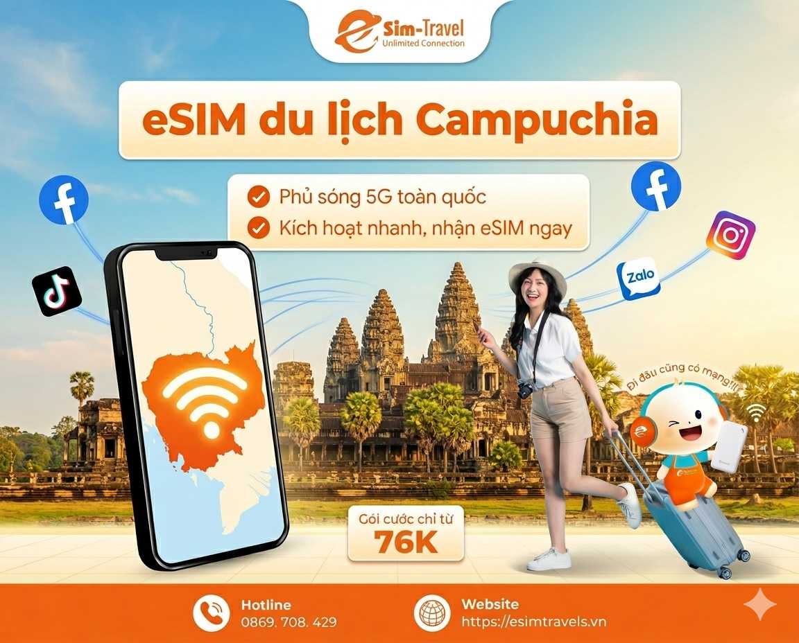 Mua eSIM Campuchia giá chỉ từ 76K, giá siêu rẻ, data tốc độ cao