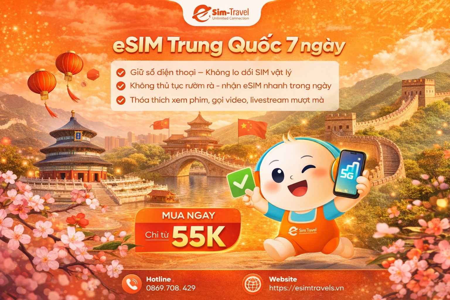 Mua eSIM du lịch Trung Quốc 7 ngày giá chỉ từ 55K
