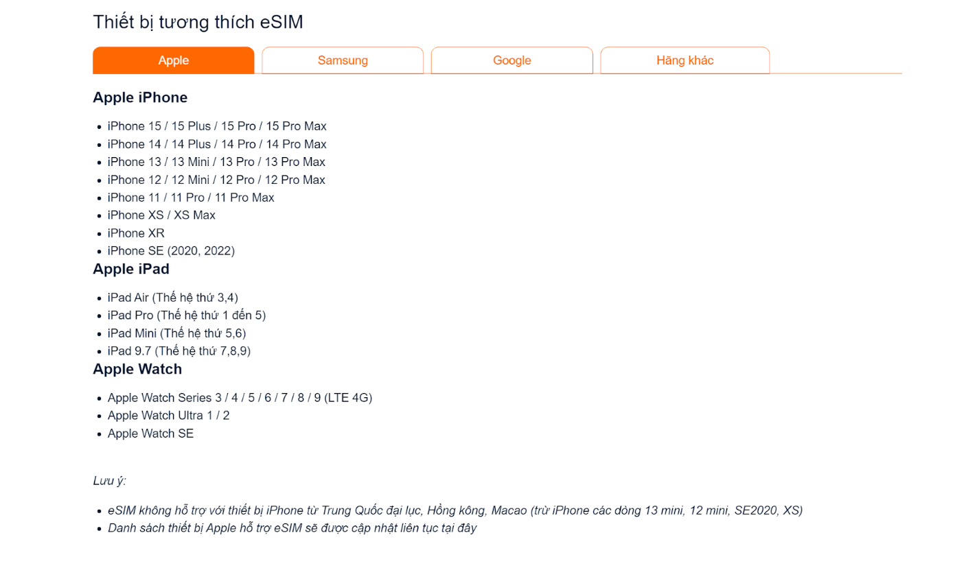 Các dòng thiết bị Iphone tương thích với eSIM