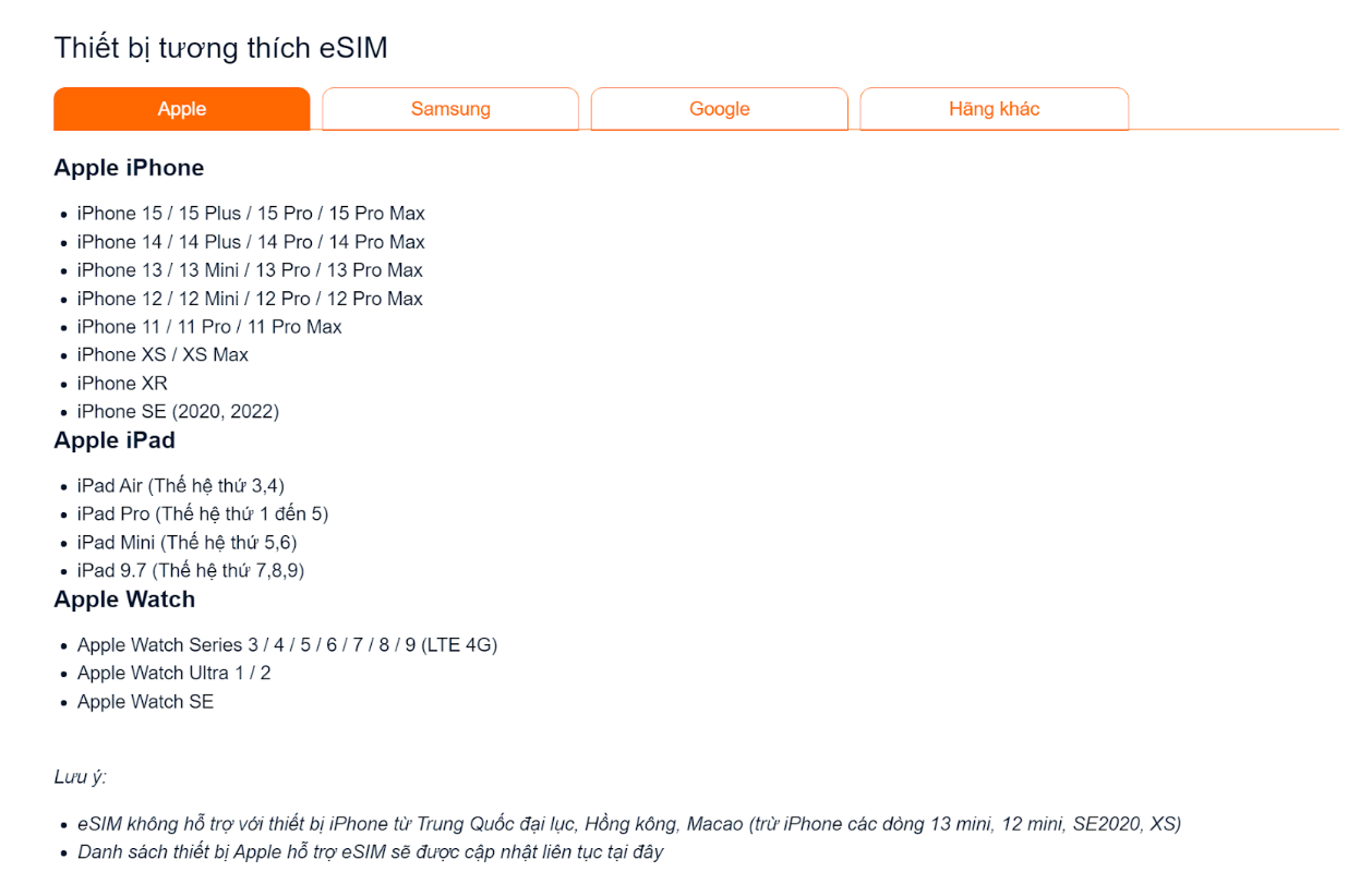 Các dòng thiết bị Iphone tương thích với eSIM