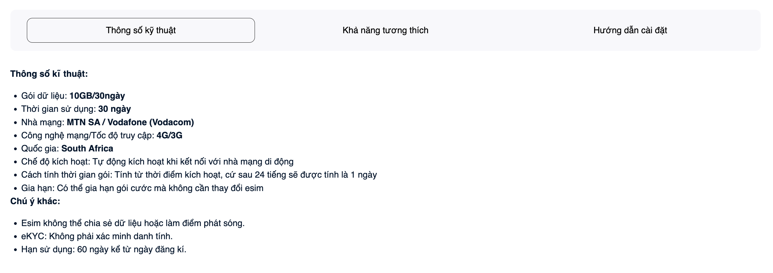 Thông số kĩ thuật gói eSIM du lịch 500MB/ngày cho 5 ngày sử dụng