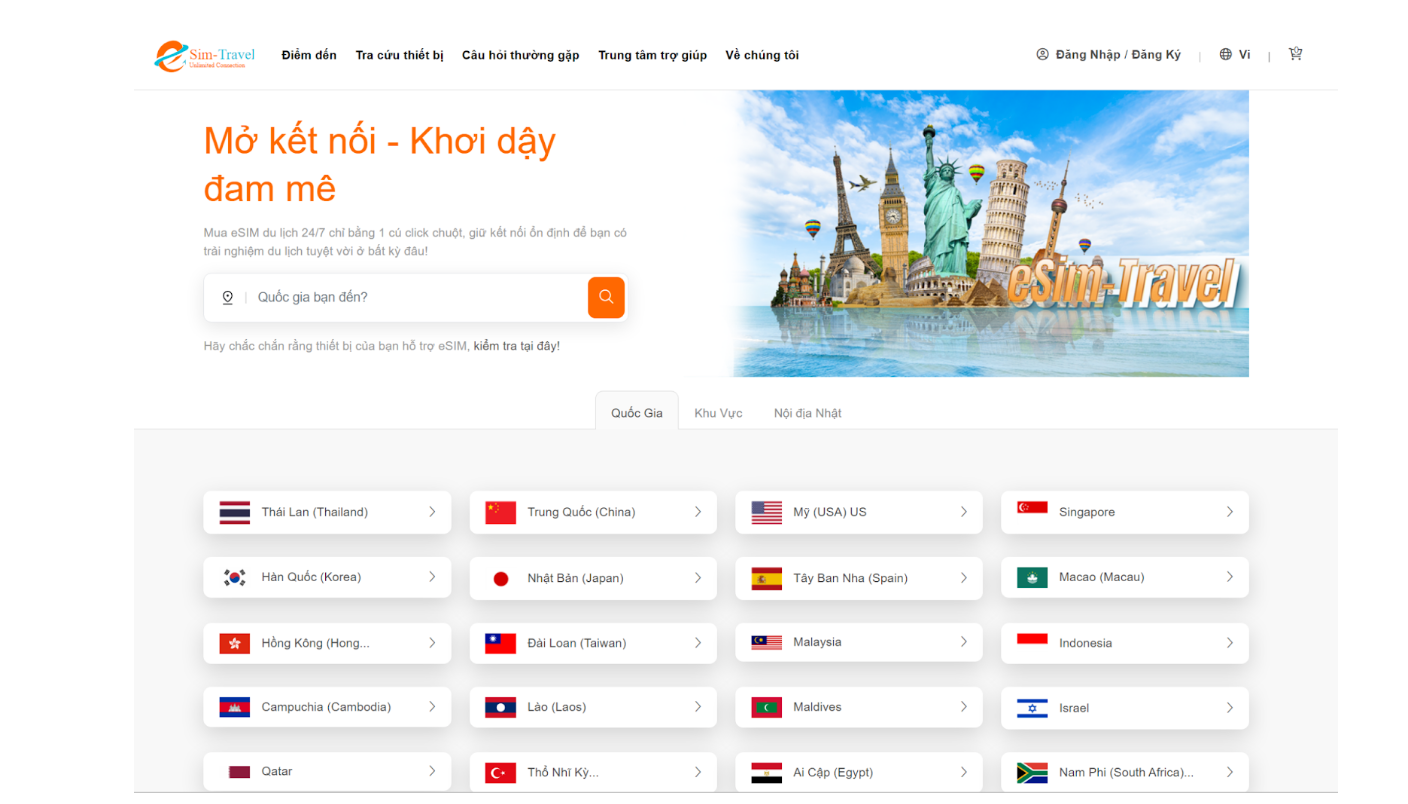 Giao diện website Esim Travels